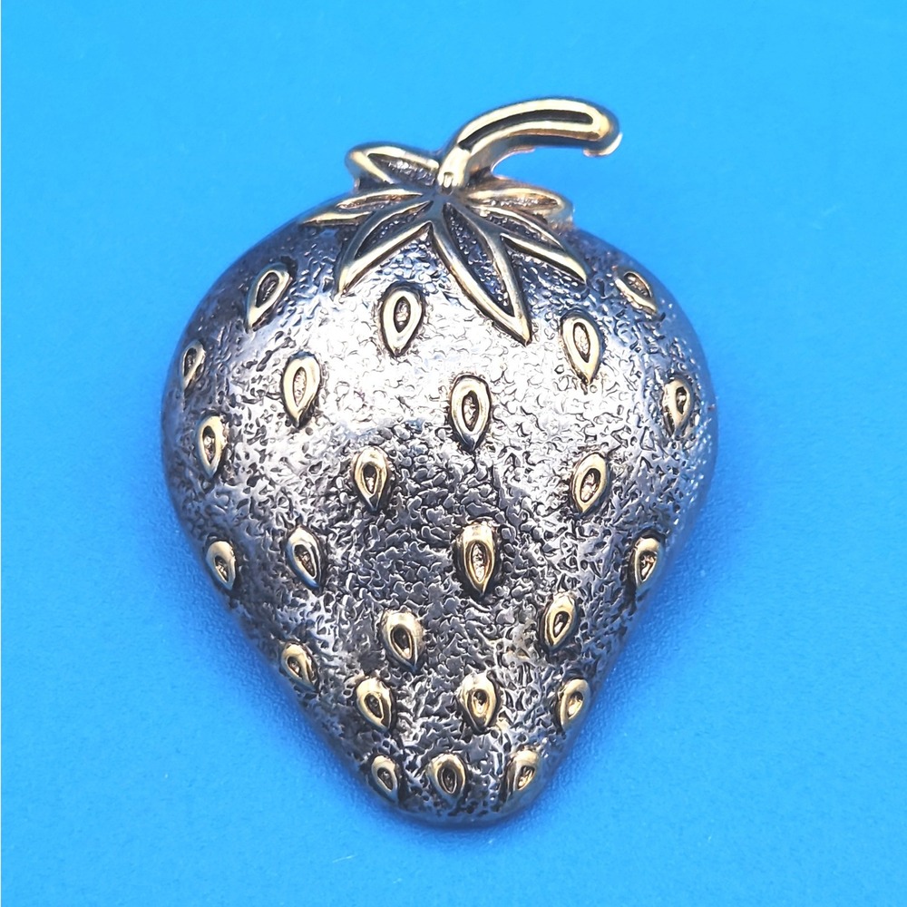 Vintage Strawberry Brooch Pendant Two Tone Silver Gold Fruit Jewelry Statement